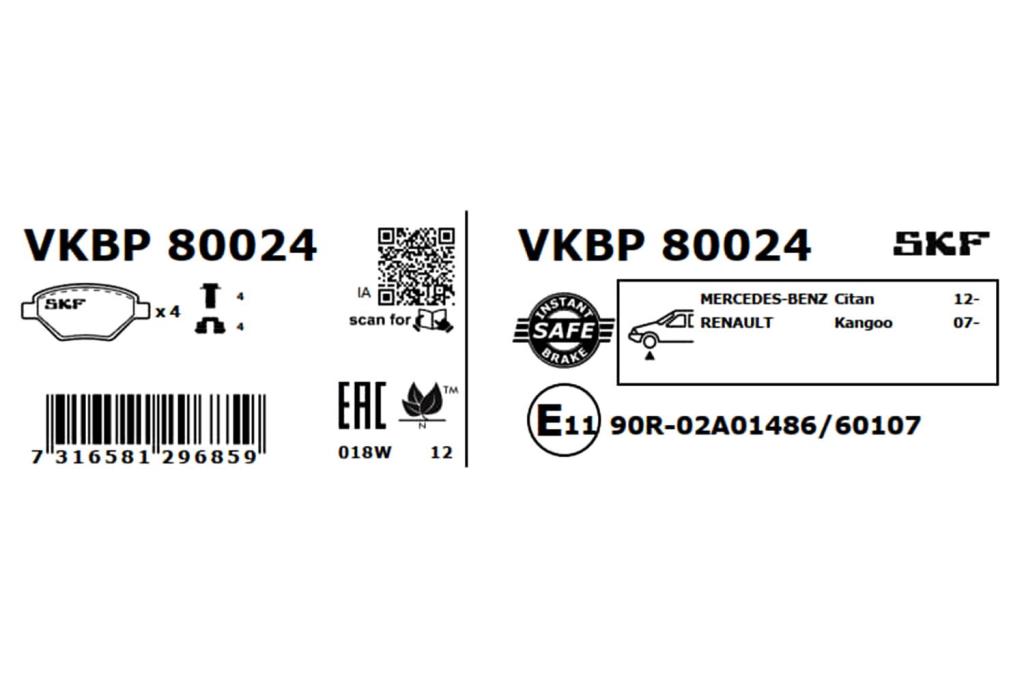 Jeu de 4 plaquettes de frein SKF ref. VKBP 80024